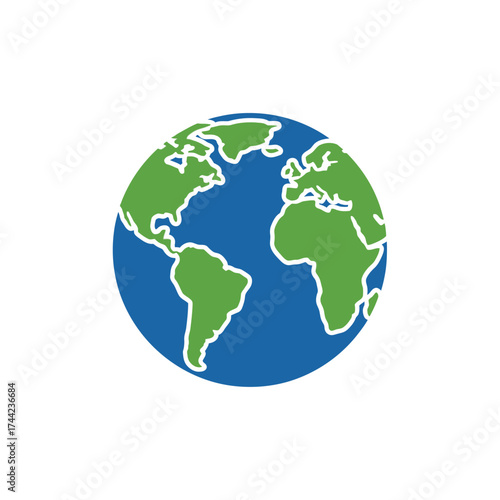 Minimalist graphic icon of planet Earth with green continents and blue oceans, perfect for global business, environmental themes, and international travel concepts