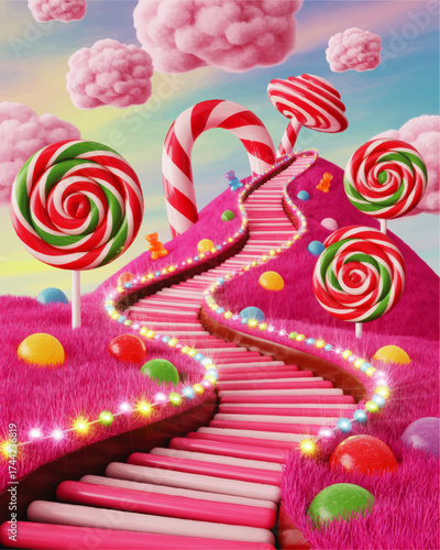 Fantasy Candy Land Landscape with Pink Lollipop Hills, Colorful Sweets Pathway, and Gummy Bear Scenery under Whimsical Cotton Candy Clouds
