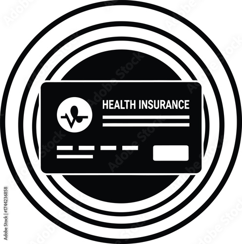 Black and white icon representing a health insurance card within concentric circles symbolizing protection and care
