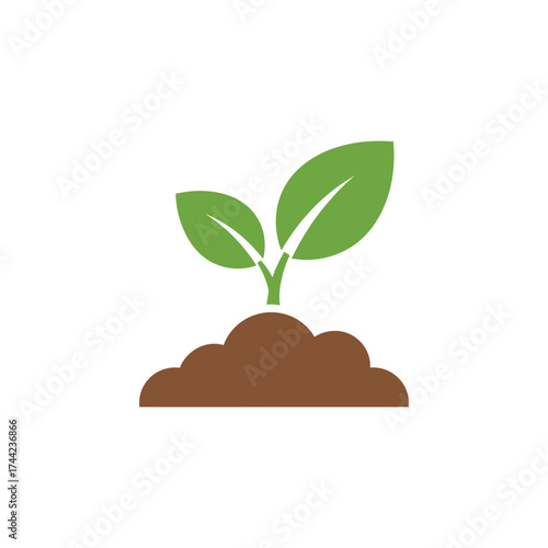 Minimalist vector illustration of a healthy green sprout emerging from a mound of brown earth, signifying organic development, environmental renewal, and the cycle of life