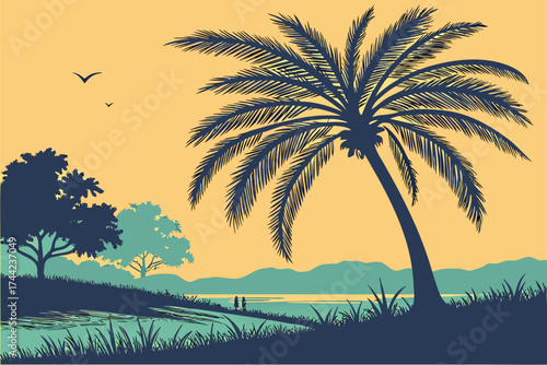 Stylized palm tree silhouette at dusk with vibrant sunset colors