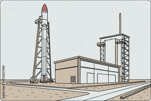 Flat rocket launchpad scene with vibrant colors and space theme