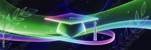 Futuristic Neon Graduation Cap with Laurel Wreath and Cosmic Background – Modern Academic Achievement Concept Art