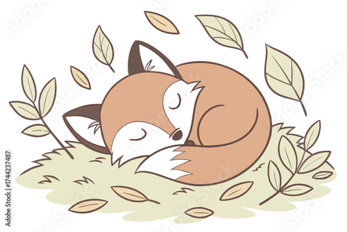 Cute minimalist fox sleeping curled up in a leaf bed illustration