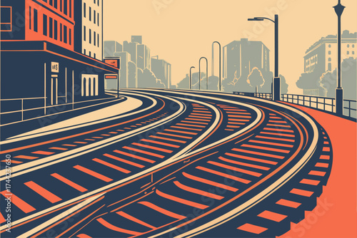 Abstract city subway or train tracks design with vibrant colors