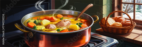 Rustic Winter Kitchen Scene with Steaming Chicken Vegetable Soup in Pot and Fresh Bread Basket by Snowy Window, Cozy Illustration