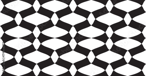 Black and white interlocking curved shapes forming a repeating pattern abstract geometric
