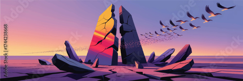 Majestic Abstract Landscape with Geometric Monoliths at Sunset, Flock of Birds Flying, Vibrant Minimalist Art