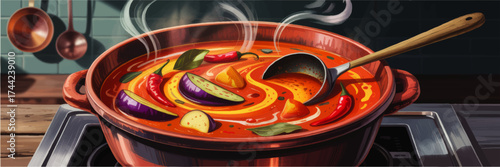 Colorful Cooking Pot with Steaming Vegetable Soup, Chili Peppers, and Bay Leaves in Cozy Kitchen, Digital Art Illustration