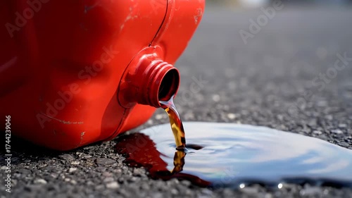 Red Plastic Fuel Canister Spilling Liquid on Asphalt Surface