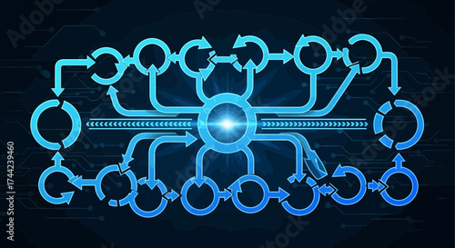 Abstract Network Flow Chart Showing Connections And Movement Of Data