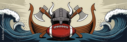 Viking Football Helmet with Horns and Axes on Longship in Ocean Waves – Bold Sports Mascot Vector Illustration