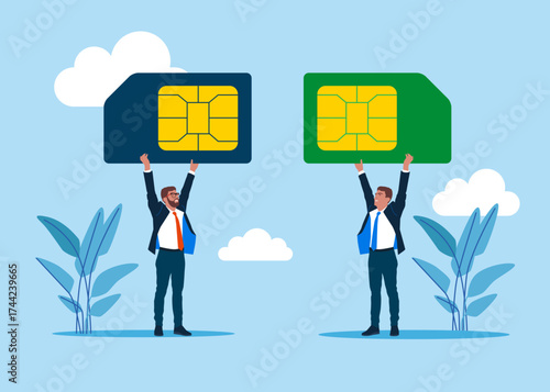 Businessmen transfer of data between two SIM cards, representing connectivity, compatibility, and mobility. Vector flat illustration