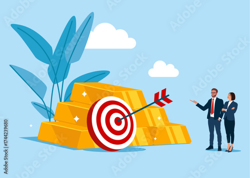 Target with arrow and pile of gold bar bullion. Begin savings to achieve financial goal, power of compound interest, collecting wealth. Vector flat illustration