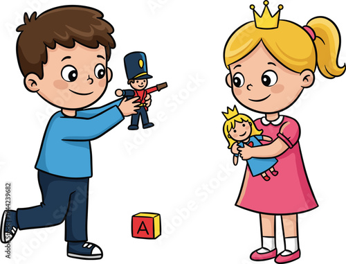 Children playing with soldier and princess toys, cartoon vector illustration for pretend play, childhood imagination, creativity, and social interaction