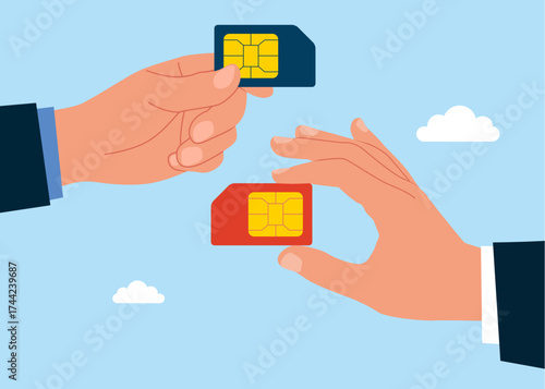 Hands transfer of data between two SIM cards, representing connectivity, compatibility, and mobility. Vector flat illustration