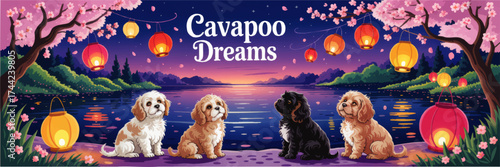 Adorable Cavapoo Puppies Under Cherry Blossoms by Lantern-Lit Lake at Sunset, Whimsical Night Landscape Illustration for Pet Lovers