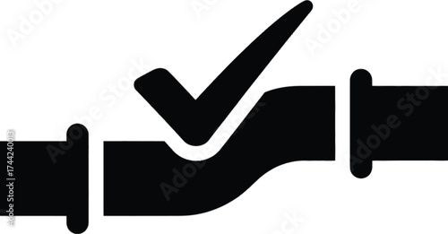 Illustration of a hand holding a pipe with a checkmark, represents plumbing services and quality assurance in pipe repair
