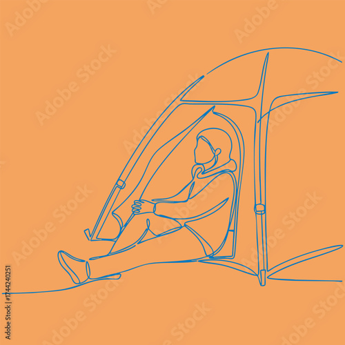 A person sitting inside a small, enclosed shelter with a transparent roof, wearing headphones and relaxing outdoors