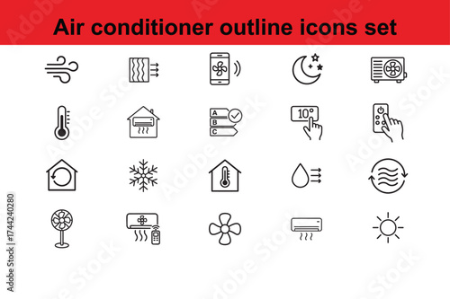 Collection of simple outline icons representing various air conditioner functions and related climate control elements