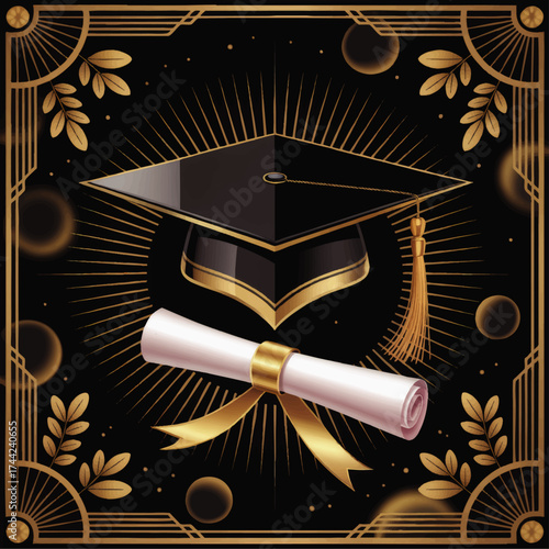 Elegant Graduation Cap and Diploma Certificate with Gold Art Deco Frame on Black Background – Academic Achievement Celebration Illustration