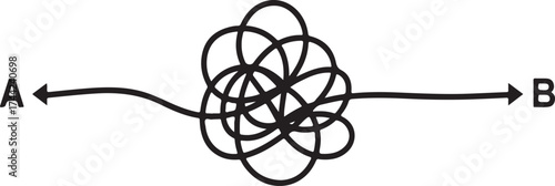 Black ink drawing of a tangled line connecting two points abstract arrow