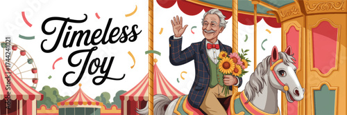 Happy Elderly Man on Carousel Horse at Vintage Carnival, Holding Flowers, Celebrating Timeless Joy with Festive Confetti