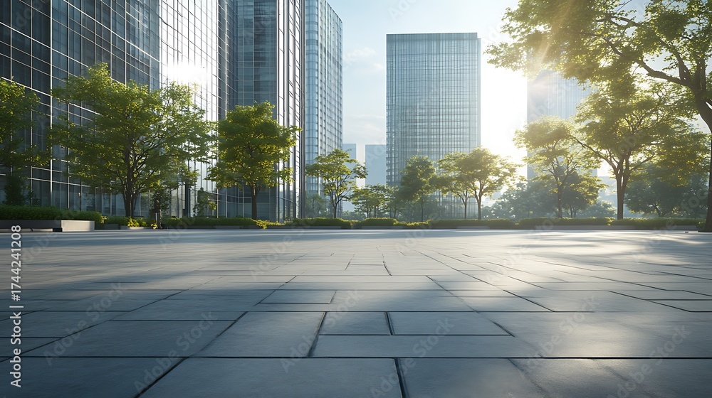 Fototapeta premium Modern Cityscape with Paved Plaza, Office Buildings, and Trees in Sunlit Urban Landscape
