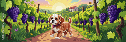 Adorable Cavalier Dog Walking Through Vibrant Vineyard at Sunrise, Colorful Grapes, Nature Landscape, Countryside Illustration