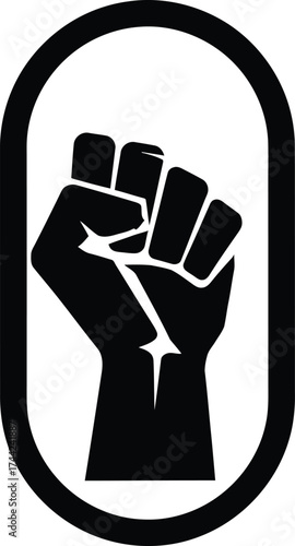 Black fist raised in solidarity and protest inside an oval frame symbolizing unity and strength