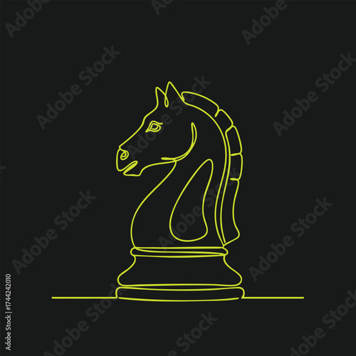 Minimalist neon line art of a knight chess piece with a horse head design on a black