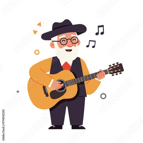 Elderly man playing guitar and smiling while singing cheerful song  