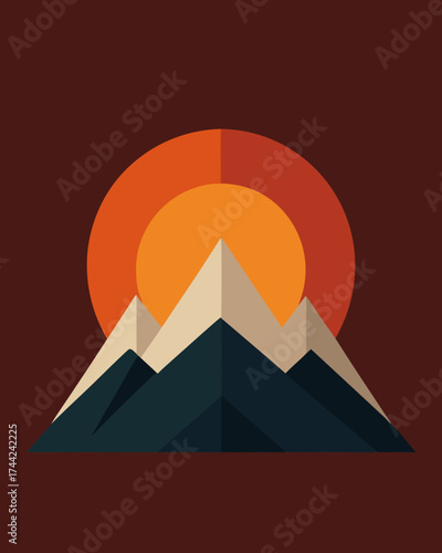 Stylized geometric mountains with a large sun behind them at sunset