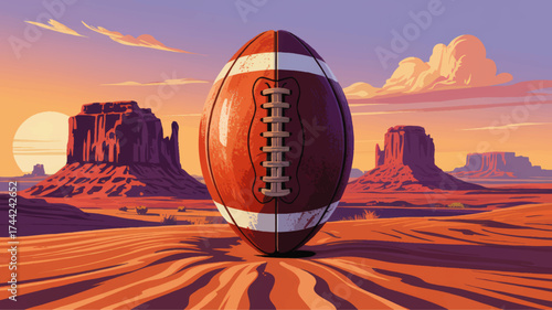 American Football in Monument Valley Desert at Sunset – Vibrant Landscape Illustration for Sports and Nature Concepts