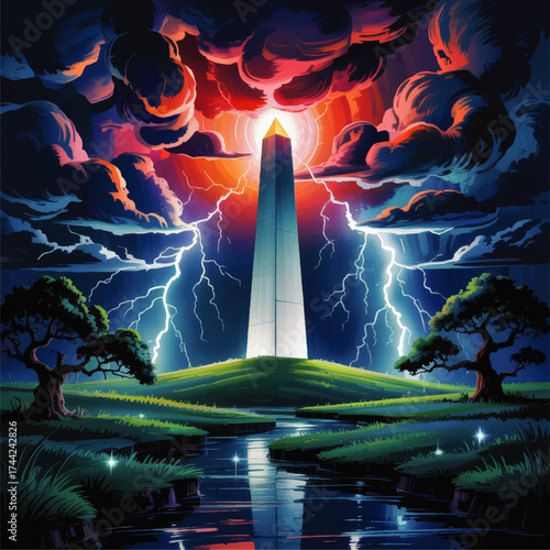 Dramatic Monument at Night with Lightning, Dark Clouds, Glowing Sky, Illustrated Landscape with Reflections, Fantasy Art