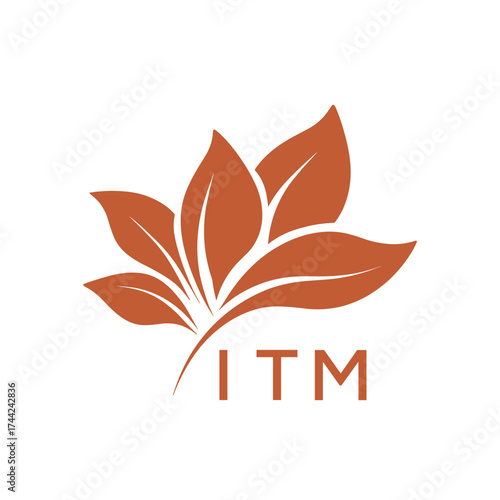   Botanical Nature Logo with Leaves in Brown, ITM Later Logo, Elegant Plant Emblem with Typography, 
