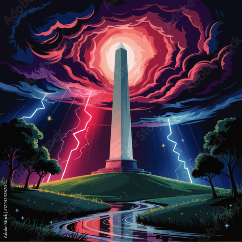 Dramatic Obelisk Monument Under Stormy Skies With Lightning, Glowing Clouds, and Vibrant Reflections - Vector Illustration
