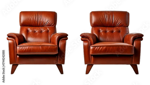 Brown leather recliner chair bundle two variations isolated on transparent background PNG