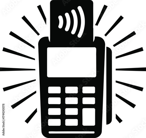 Black icon of a credit card reader with a contactless payment symbol and radiating lines