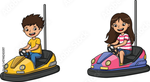 Cartoon kids riding bumper cars at amusement park, fun fairground scene with colorful vehicles, playful childhood moment, vector illustration