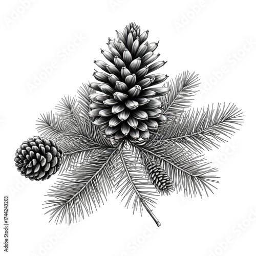 Detailed grayscale illustration of pine cones and evergreen branches