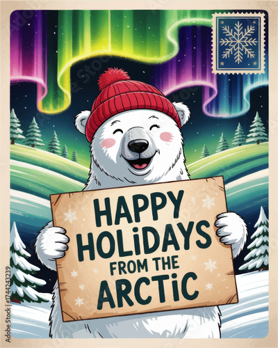 Cute Polar Bear Holiday Greeting Card with Northern Lights, Arctic Landscape, Red Beanie, Snowy Trees, and Festive Sign