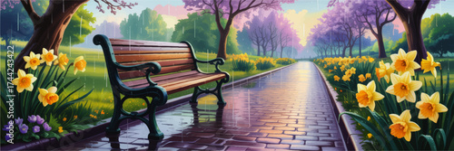 Tranquil Spring Park Illustration with Wooden Bench, Daffodils, and Blossoming Trees on a Rainy Day, Vibrant Path Reflection