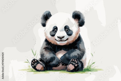 Adorable baby panda sitting on grass