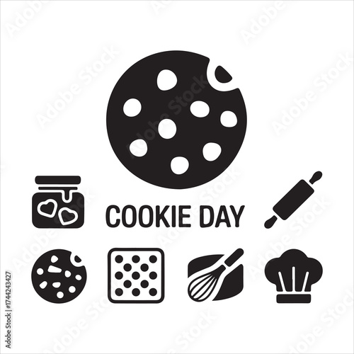 cookie day vector art icon pack silhuoette icon set bandle banner 9 sampol disign black and white backgrount icons