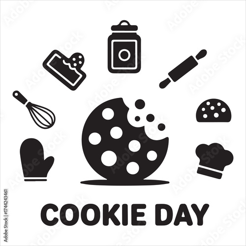 cookie day vector art icon pack silhuoette icon set bandle banner 9 sampol disign black and white backgrount icons