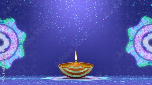 Diwali festival Animated clay lamp, indian classical traditional pattern with falling particles animation in blue gradient colours texture.