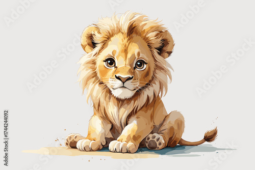 Cute baby lion sitting watercolor art