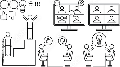 business meeting conference remote online working brainstorming discussion collaboration ideas vector icon pack