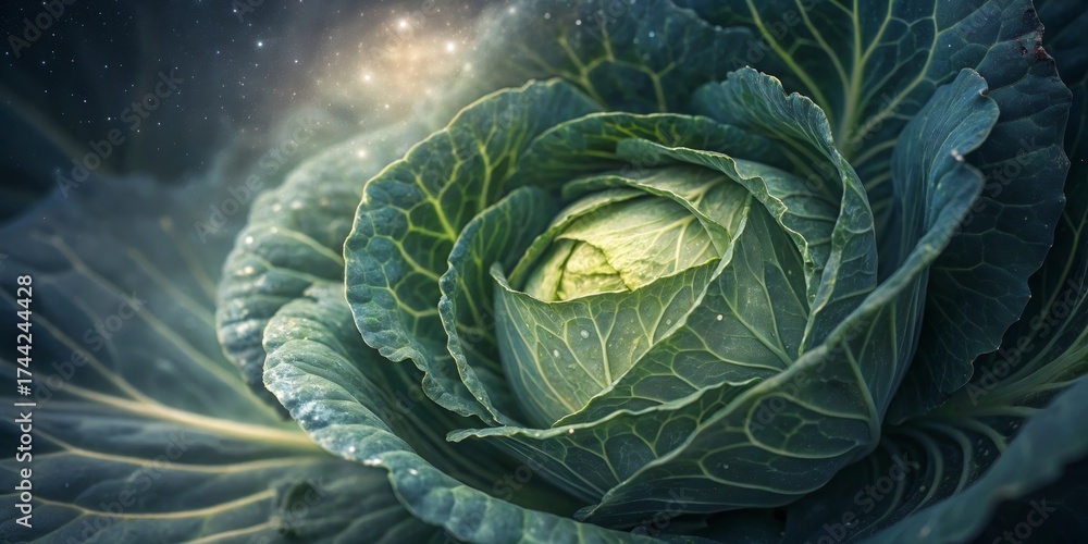 Fototapeta premium Lush cabbage nestled in vibrant green leaves under a starry sky Generative AI